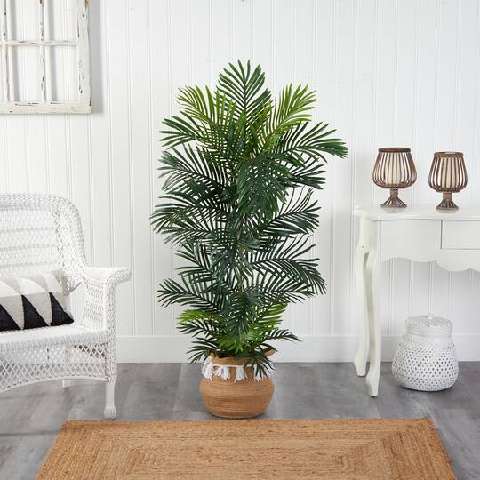5ft. Areca Artificial Palm Tree in Boho Chic Handmade Natural Cotton Woven Planter with Tassels UV Resistant (Indoor/Outdoor)